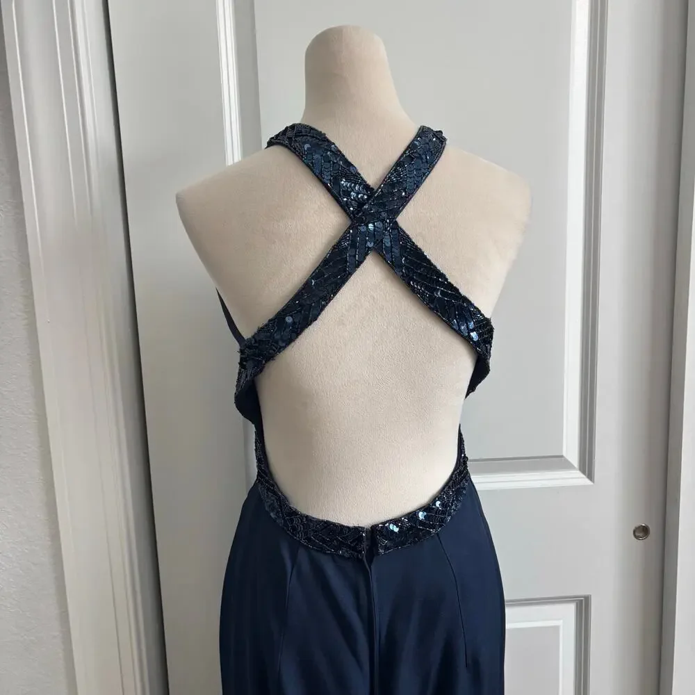 Dave & Johnny Vintage 90s Prom Dress Navy Blue Sequin‎ Halter Open Back Maxi 4